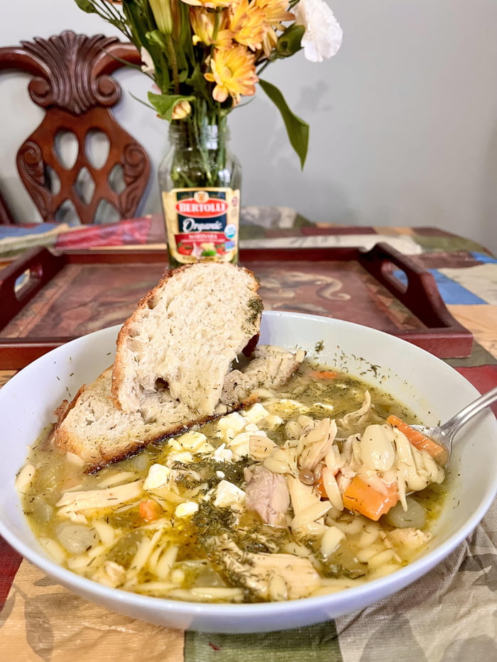 Greek lemon, chicken, and orzo soup with homemade sage and honey bread ...