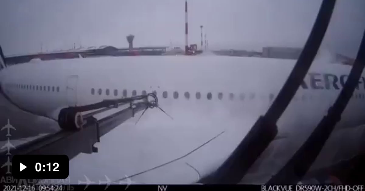 Deicing machine toppled by an Airbus A350 at Moscow Airport, December 15th. Operator survived