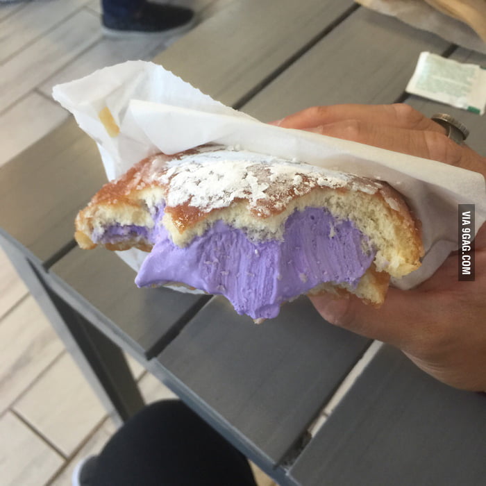 Hello Kalo (taro root ice cream) filled powder sugared glaze donut