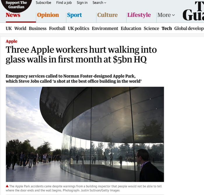 Three Workers Hurt Walking Into Glass Walls At Apple S 5bn Hq 9gag Three Workers Hurt Walking Into Glass Walls At Apple S 5bn Hq