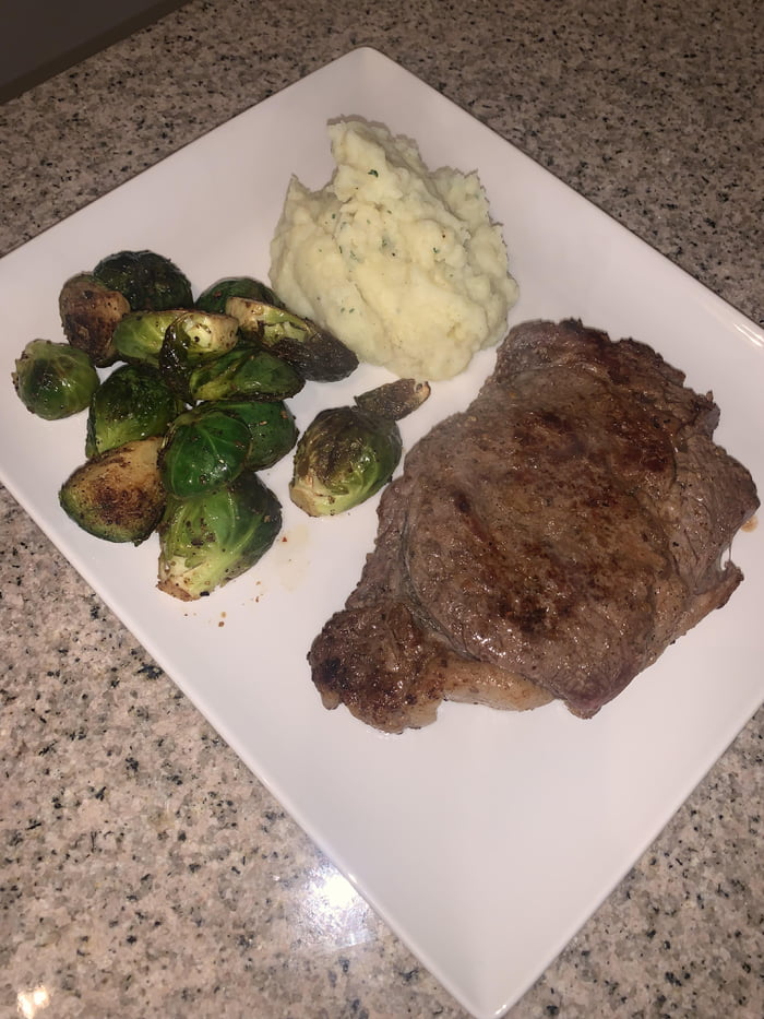 Ribeye Steak Mashed Potatoes Garlic And Herb Brussel Sprouts 9gag