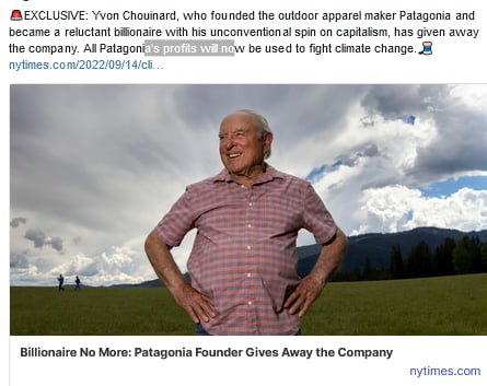 Patagonia owner gives away company to fight climate change