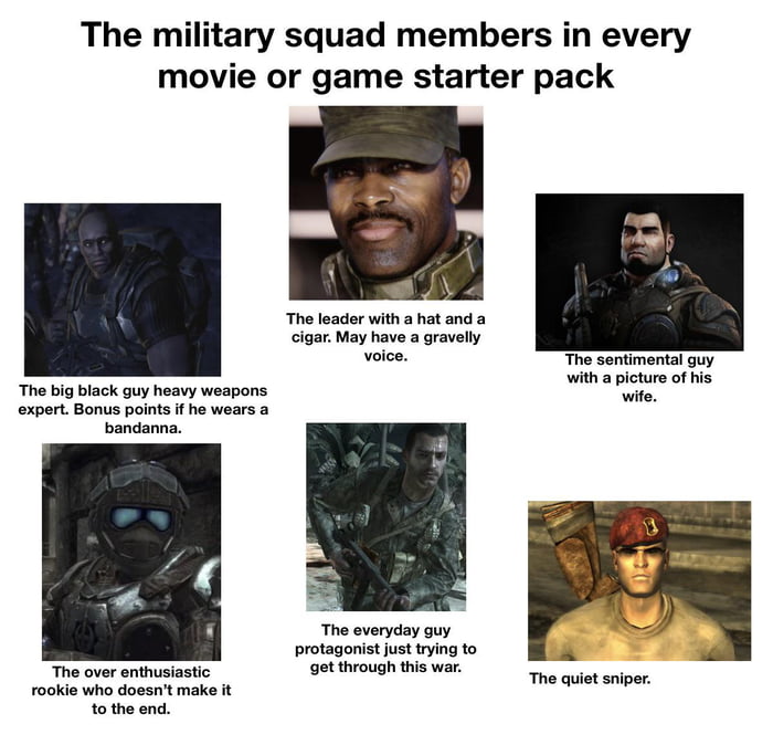 The Military Squad Members In Every Movie Or Game Starter Pack Gag