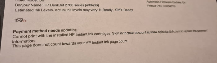 My Printer Wont Allow Me To Print Unless I Update My Payment Details To Purchase Ink I Clearly 0699