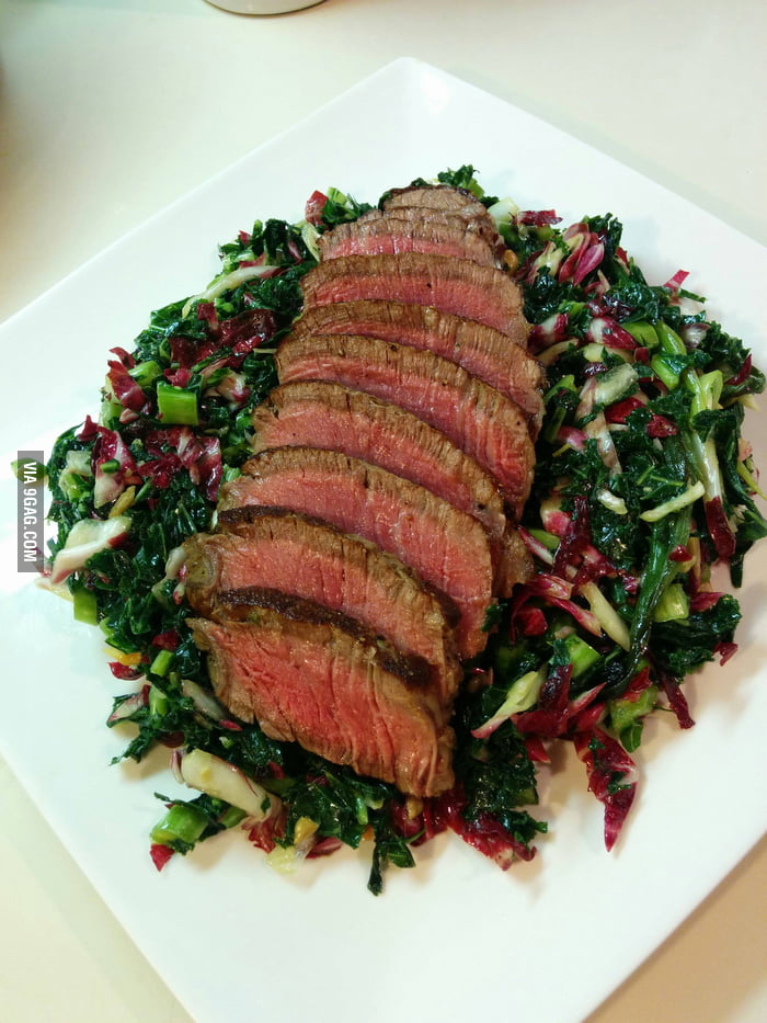Filet steak over kale and radicchio salad with tarragon mustard