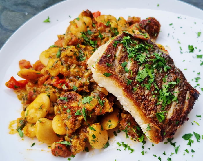 Pan Fried Hake with Chorizo and Butter Beans 9GAG