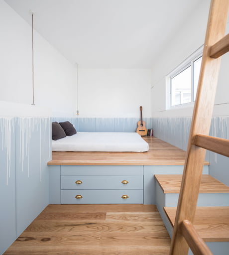 Small Pastel Blue And White Bedroom With Built In Storage In