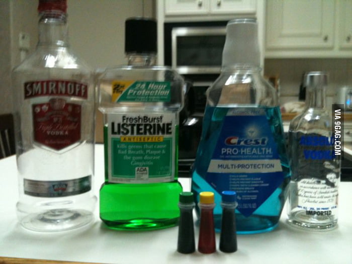 Empty mouthwash bottles, vodka, and food coloring. Packing essentials for a cruise. 9GAG