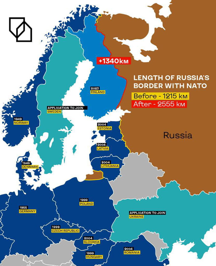 Map of Russia’s new border with NATO now that Finland is in NATO! - 9GAG