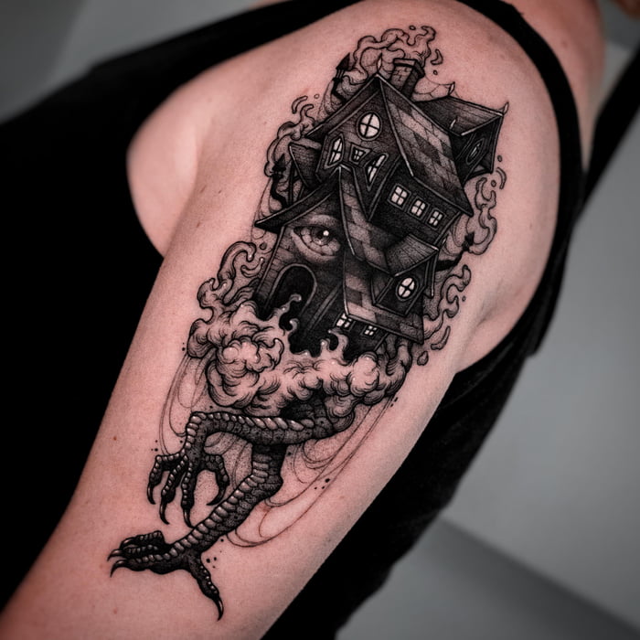 Baba Yaga house details @flttattoostudio [Image Description: Image 1:  closer look at the top half of a black and grey etching style… | Instagram