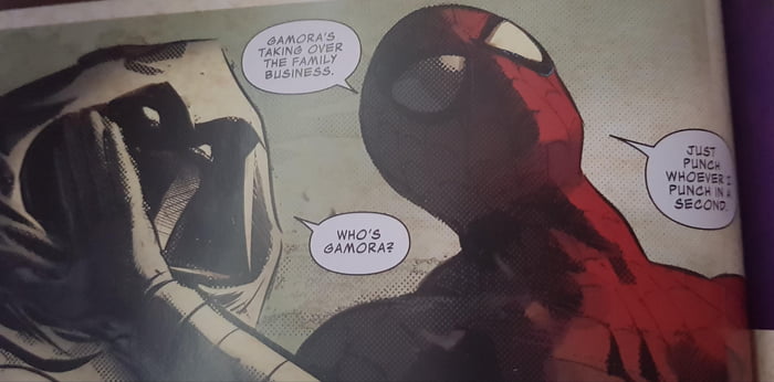 Currently reading Infinity Wars and found this funny exchange between Moon  Knight and Spider-Man. - 9GAG