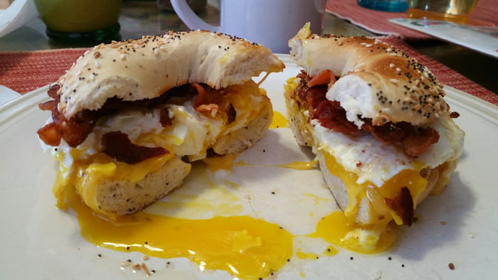 Bacon, fried egg and cheese on an everything bagel - 9GAG