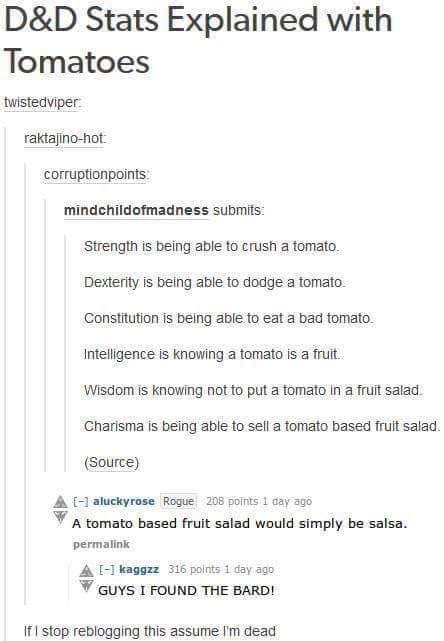 Have you ever thought bout this way to explain d&d stats to a newbie ...