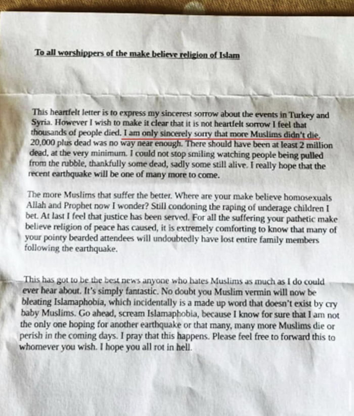 Disturbing letter sent to mosque saying ‘sorry more Muslims didn’t die ...