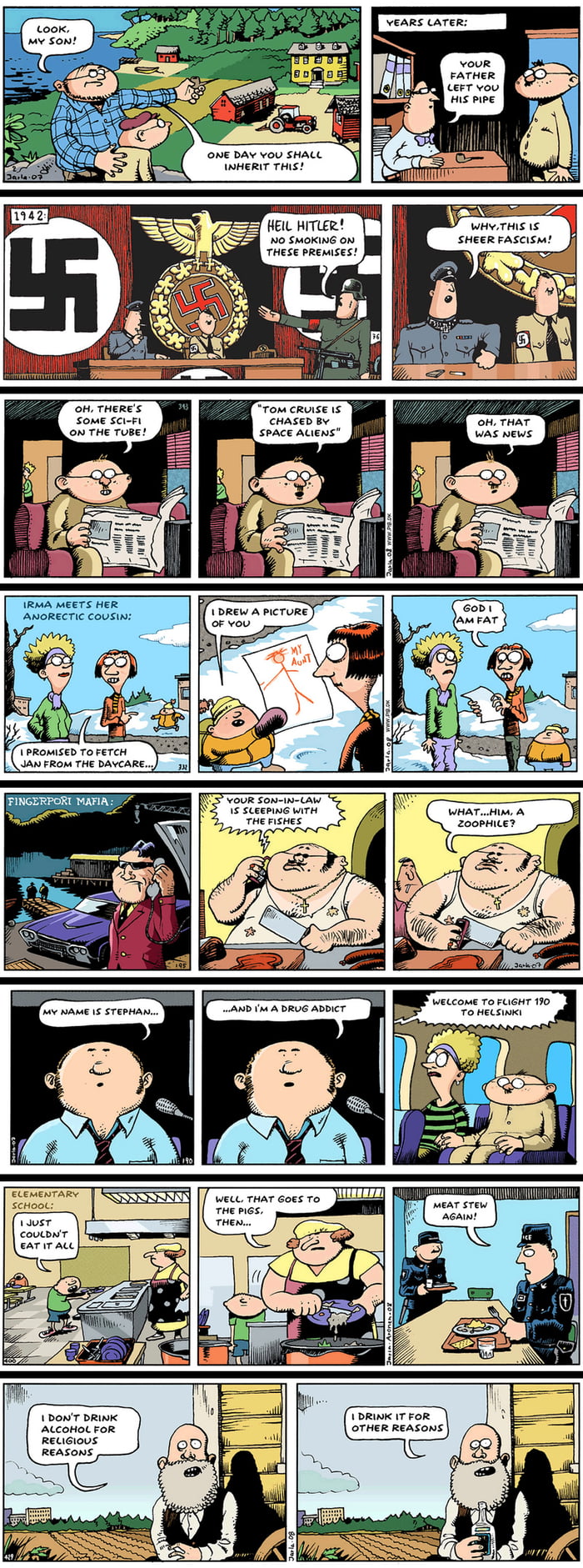 Here's a collection of strips from a Finnish newspaper strip, "Fingerpori", translated into English