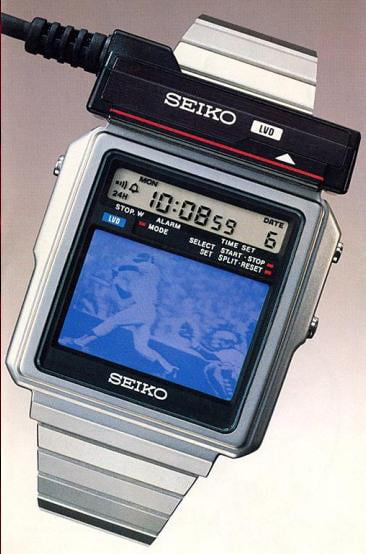 In 1982, Seiko released the TV Watch, which allowed owners to view live  broadcast TV on a tiny blue/gray LCD screen embedded into the watch face.  Most of the watch's TV tuning