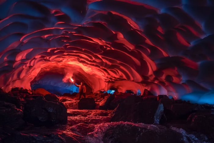 Ice cave lit by a flare, Kamchatka - 9GAG