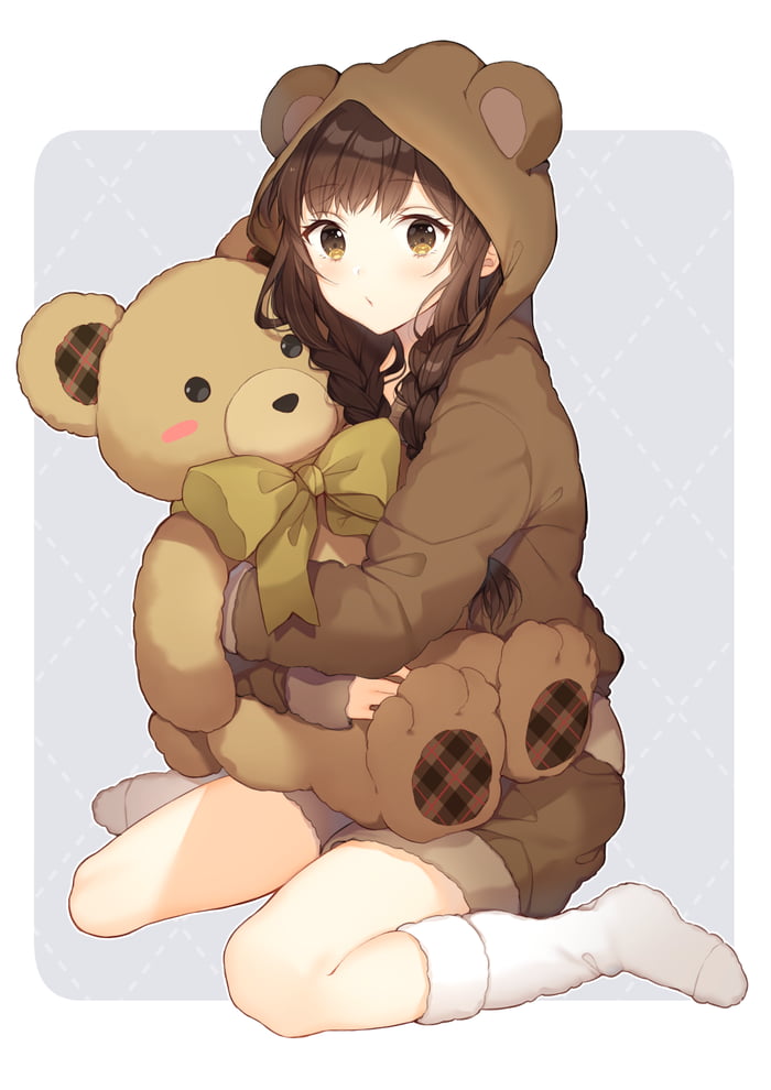 anime girl hugging teddy bear