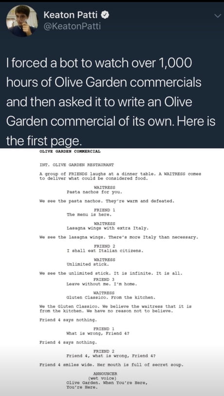 This Is Amazing Olive Garden Should Hire This Bot Immediately 9gag