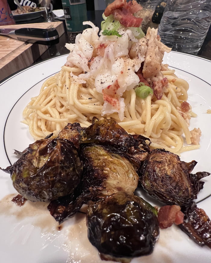 Miso Pasta with lobster bacon and scallion, bacon Brussels side with balsamic glaze 9GAG