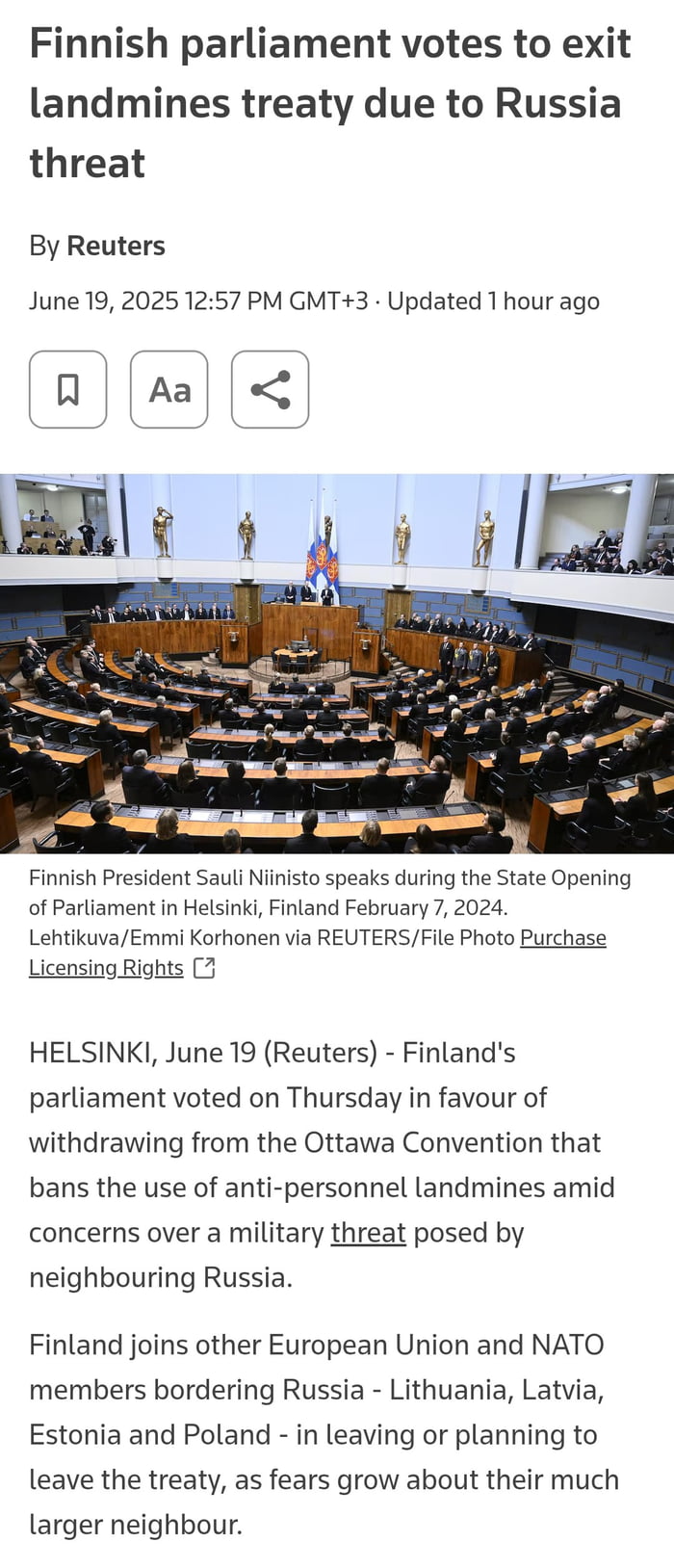 Today the Finnish parliament has voted to exit from the Ottawa ...