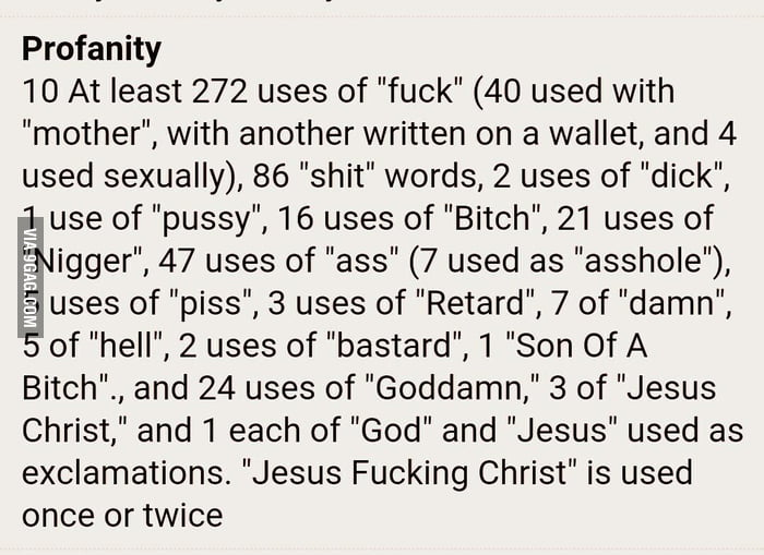 So this is part of the imdb parents guide to pulp fiction. excellent