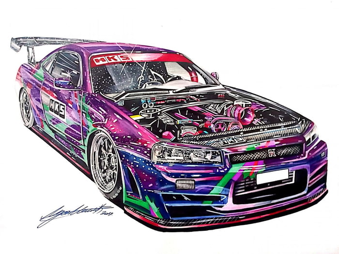 Hand Drawn Nissan Skyline Gtr R34 From 19 From My Instagram Luka Milic Design 9gag