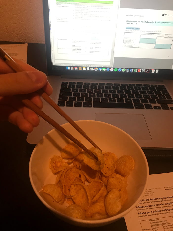 Eating chips with chopsticks to avoid fatty fingers 9GAG