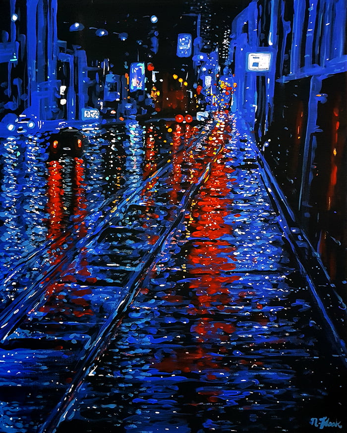 An acrylic painting I did of a rainy city at night - Flooko - 9GAG