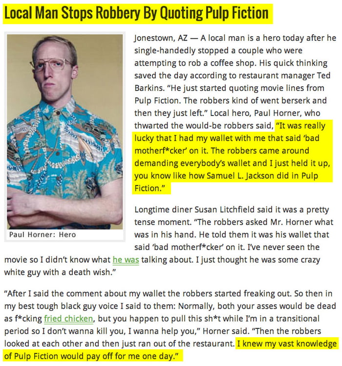Local Man Stops Robbery By Quoting Pulp Fiction