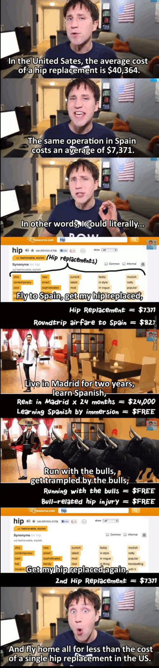 Cost difference of hip replacement in the US and Spain 9GAG