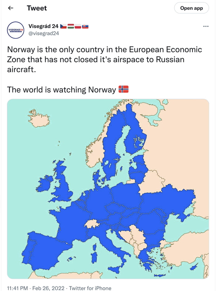 Countries are rapidly closing their airspace to Russia. Come on Norway ...