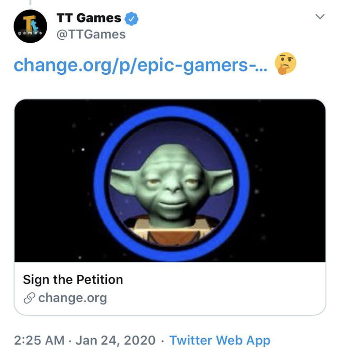 TT tweeted hint to Yoda's death sound in the LEGO Skywalker game! 9GAG