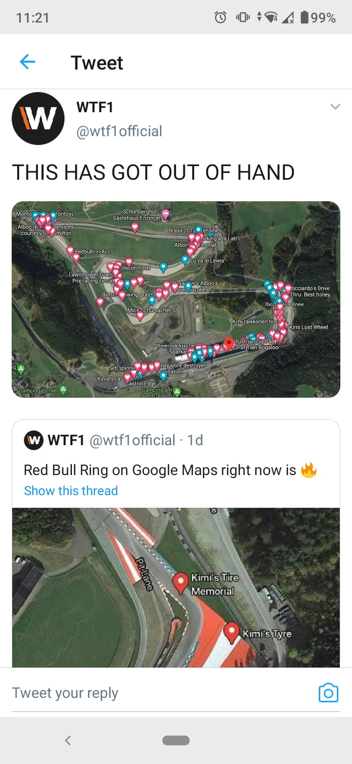F1 fans started putting moments of the race into Google maps - 9GAG