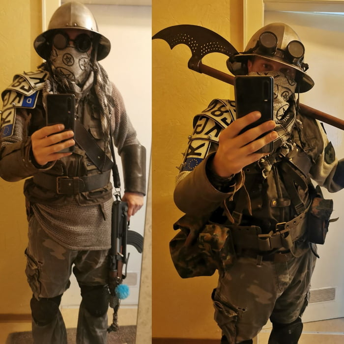 I am preparing for mps. What do you think about my post-apocalyptic outfit?  What is better? Bags? Ak? Axe? Chain mail? - 9GAG