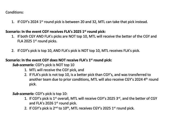 Here is a summary of the 2025 1st round pick conditions in the Monahan