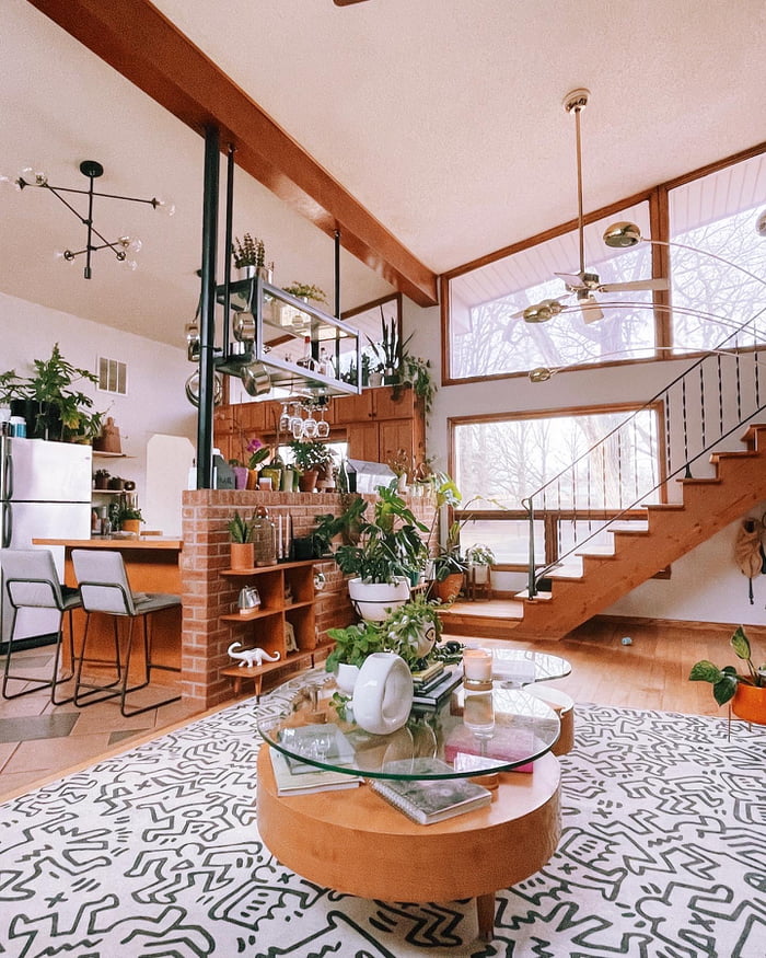 Living space in a 1957 Midcentury modern house full of plants, Wichita