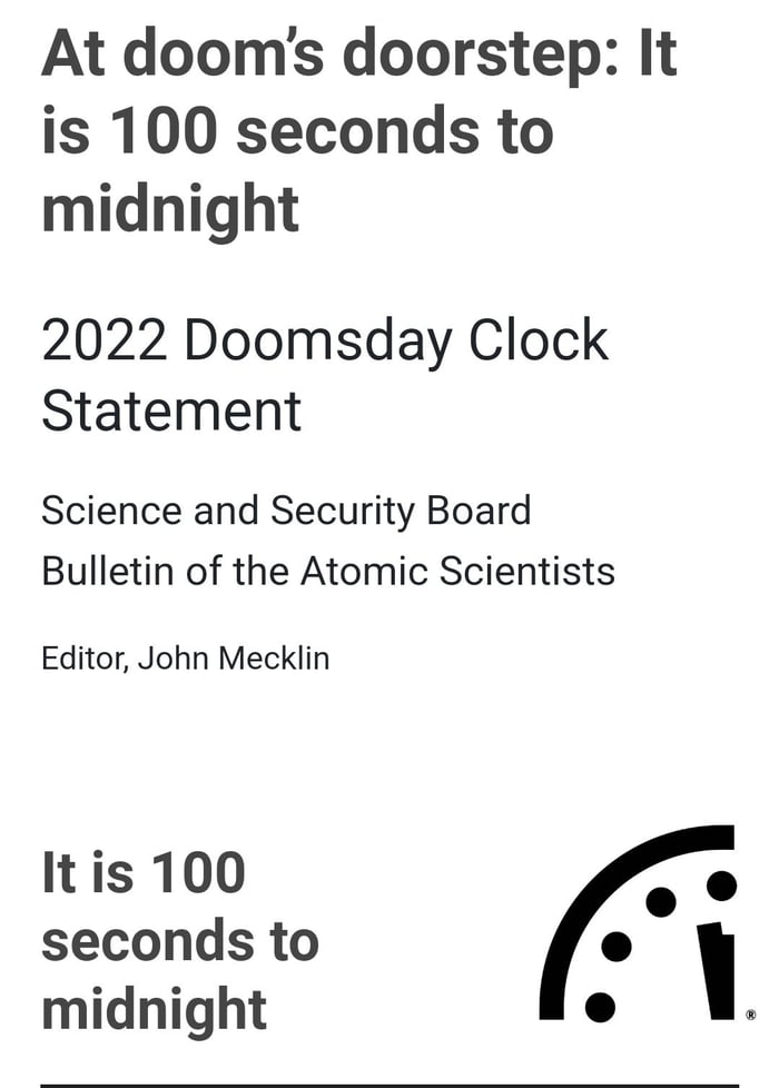 Doomsday clock 100 seconds to midnight soon to be 75 - 9GAG