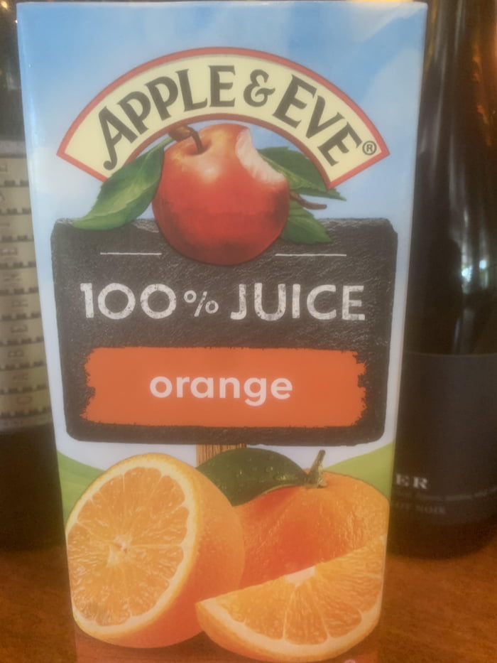 This box of orange juice called Apple’s Eve that has a picture of an