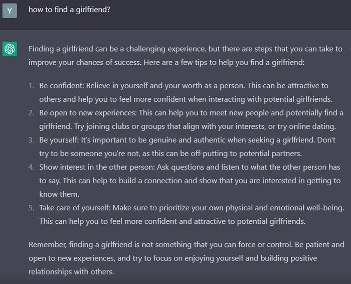 Asked an AI how to find a girlfriend, maybe this can help some of you ...