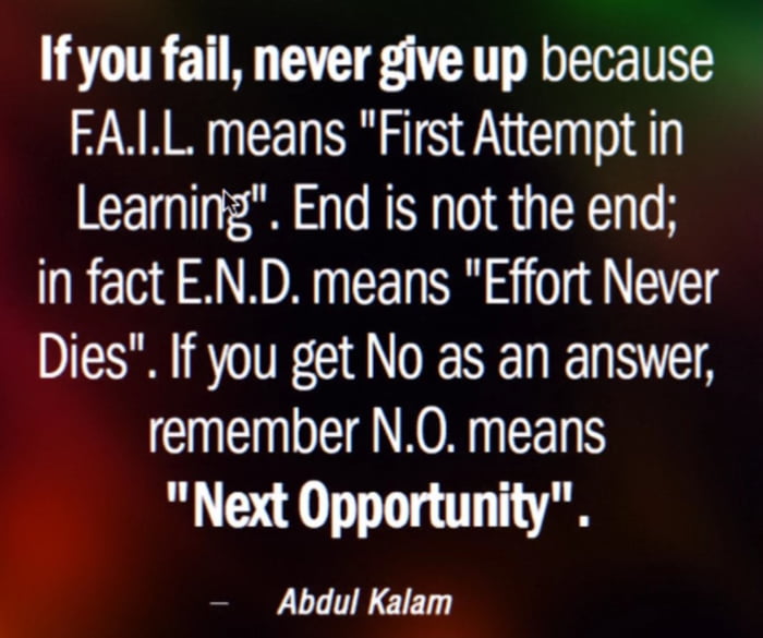 No one beats the person who never gives up. There is no failure except ...