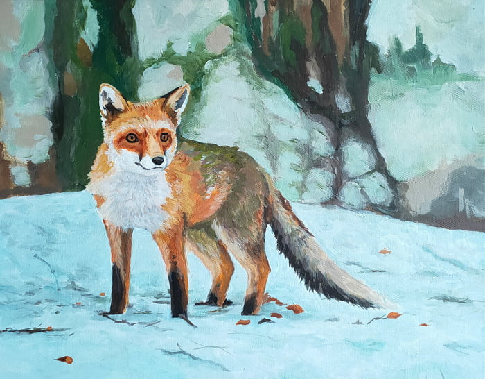 Fox in winter forest, acrilyc paint. - 9GAG