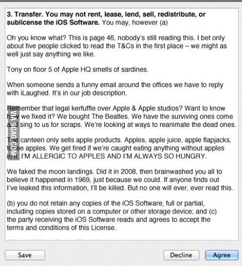Page 46 of the terms & conditions of the Apple iOS 7 update - 9GAG