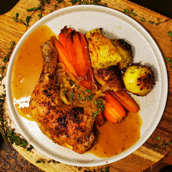 Chicken Lyonnaise with triplecooked potatoes and honey glazed carrots 9GAG