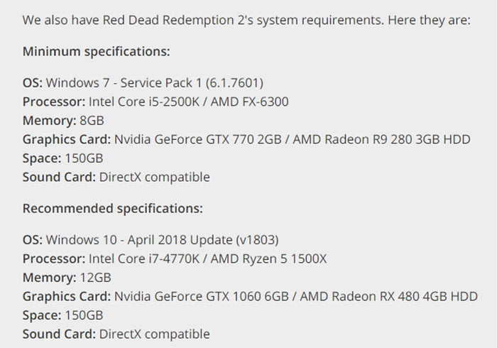 Red Dead Redemption 2 PC requirements ask for 150GB of storage