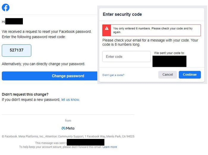 Meta Expects The Six Digit Code They Sent Me To Be Eight Digits 