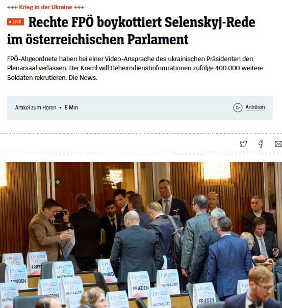 Right wing party FPÖ boycotts Selenskyj speech in Austrian Parliament