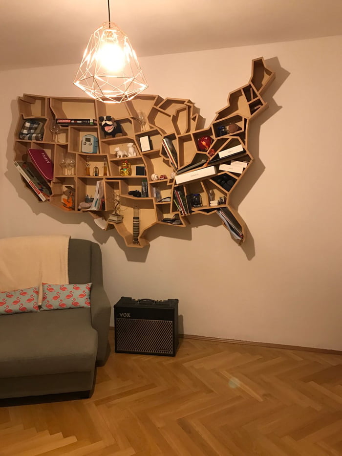 Handmade america shaped shelf in our living room 9GAG