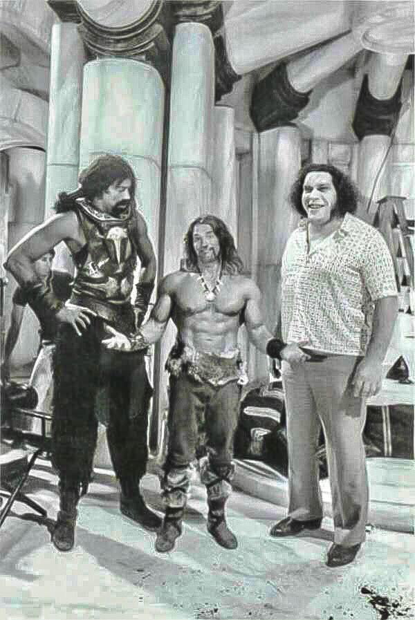 Arnold Schwarzenegger, Wilt Chamberlain, and Andre the Giant on set togethe...