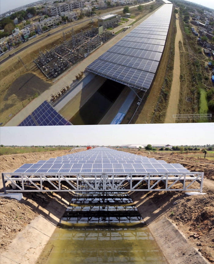 Solar Panels Over Canals In India Which Prevent Water Evaporation And